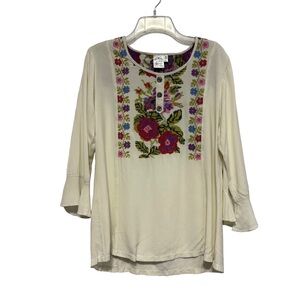 Parsley & Sage Floral Embroidered Boho Peasant Tunic Size Medium